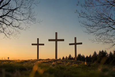 Three Wooden Crosses on Sunset Hill