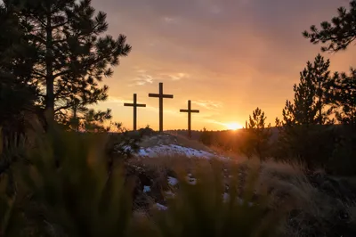Three Crosses on Evergreen Hill at Sunset