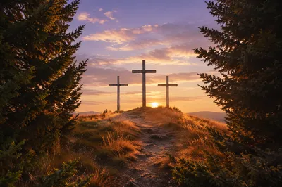 Three Crosses on Evergreen Hill at Sunset