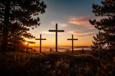 Three Crosses on Evergreen Hill at Sunset