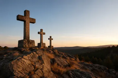 Three Stone Crosses at Evergreen Sunset