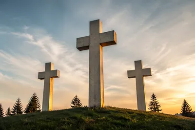 Three Stone Crosses at Golden Sunset