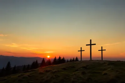 Three Crosses at Evergreen Sunset