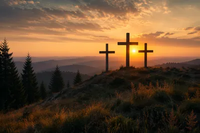 Three Crosses on Evergreen Hill at Sunset