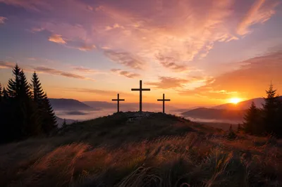 Three Crosses at Sunset Among Pines