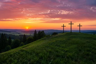 Three Crosses on Green Hill at Sunset