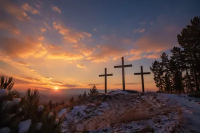 Three Crosses at Evergreen Sunset