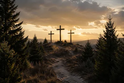 Three Crosses on Evergreen Hill at Sunset