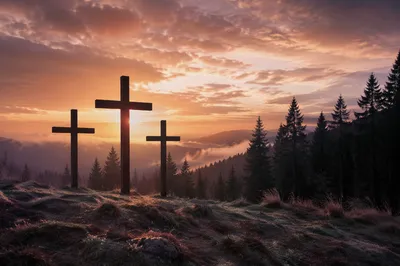 Three Wooden Crosses at Evergreen Sunset