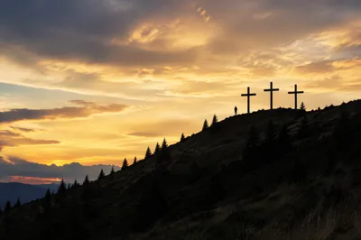 Three Crosses on Evergreen Hill at Sunset