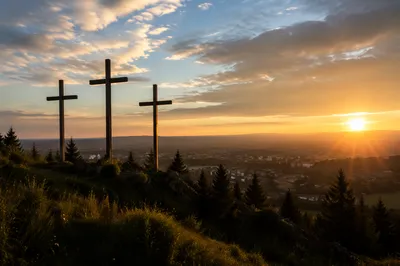 Three Crosses on Evergreen Hill at Sunset