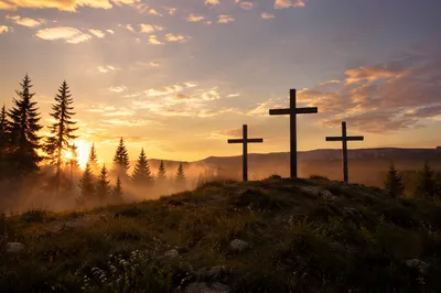 Three Crosses at Evergreen Sunset