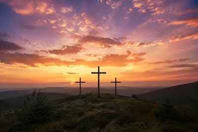 Three Crosses at Peaceful Sunset Hill