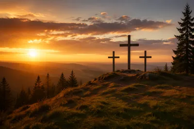 Three Crosses on Evergreen Hill at Sunset