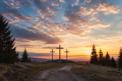 Three Crosses at Evergreen Sunset