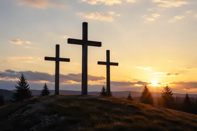 Three Wooden Crosses on Sunset Hill