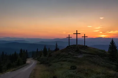 Three Crosses at Evergreen Sunset