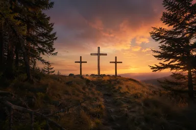 Three Crosses on Evergreen Hill at Sunset