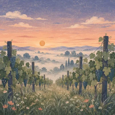 Morning Mist Over Evergreen Vineyard Rows
