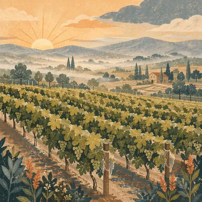 Misty Evergreen Vineyard Rows at Sunrise