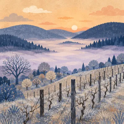 Misty Dawn Vineyard Rows on Evergreen Hills