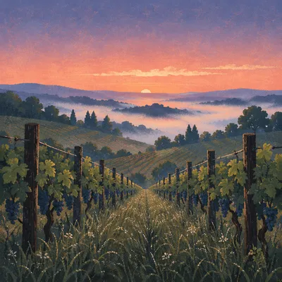 Misty Vineyard Rows at Evergreen Dawn