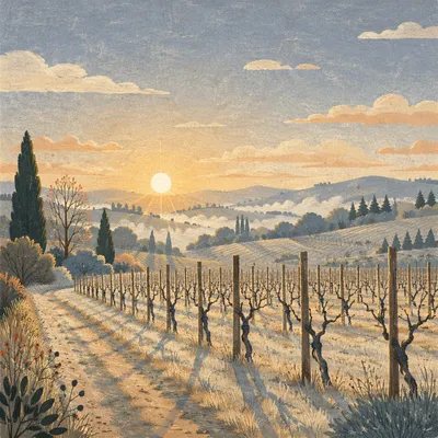 Evergreen Vineyard Rows in Morning Mist