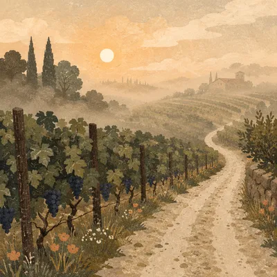 Morning Mist Over Evergreen Vineyard Rows