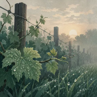 Misty Dawn Vineyard Rows with Dew