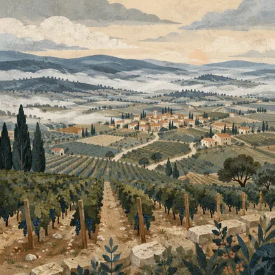 Morning Mist Over Evergreen Vineyard Rows