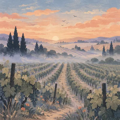 Misty Vineyard Rows at Pastel Dawn