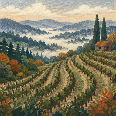 Misty Evergreen Vineyard Rows at Dawn