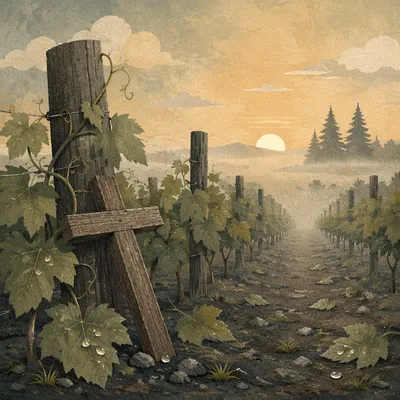 Misty Vineyard Rows with Wooden Cross
