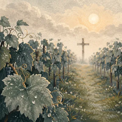 Misty Vineyard Path to Wooden Cross