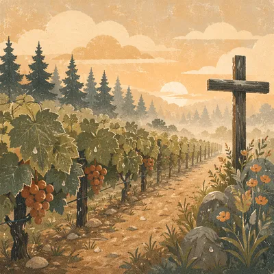 Morning Mist Vineyard With Evergreen Cross