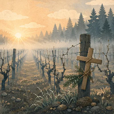 Morning Mist Vineyard With Evergreen Cross