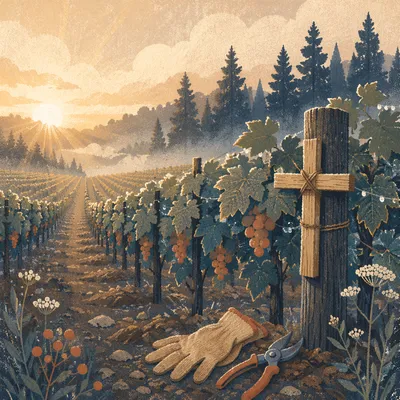 Morning Mist Vineyard with Wooden Cross