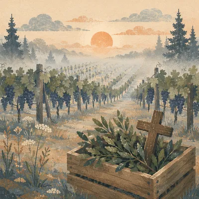 Morning Mist Vineyard Cross and Evergreen Pines