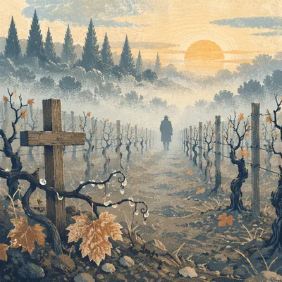 Misty Vineyard Rows with Wooden Cross