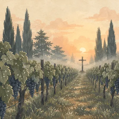 Misty Vineyard Rows with Wooden Cross