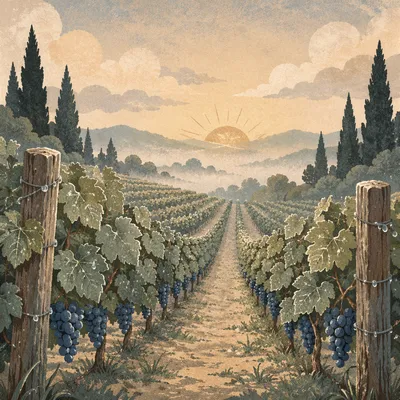 Morning Mist Vineyard Rows with Evergreens