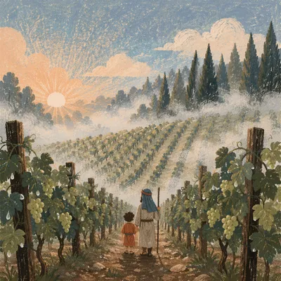 Morning Mist Vineyard Rows with Evergreens