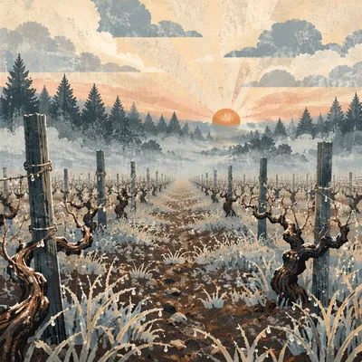 Misty Vineyard Rows at Sunrise