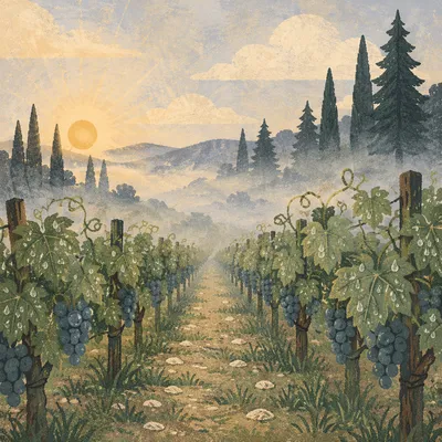 Morning Mist Vineyard Rows with Evergreens