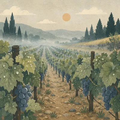 Morning Mist Vineyard Rows with Evergreens