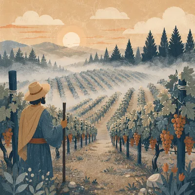 Morning Mist Vineyard Rows with Evergreens