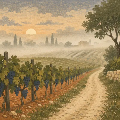 Misty Vineyard Rows at Dawn