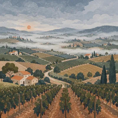 Morning Mist Over Evergreen Vineyard Rows