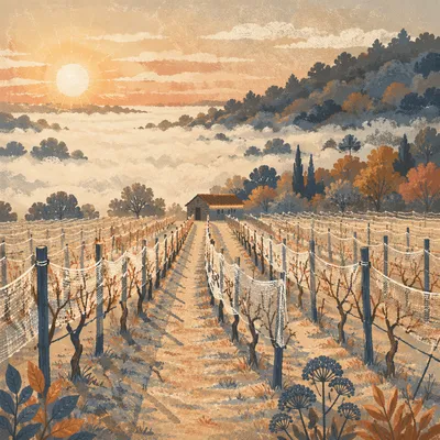 Sunrise Vineyard Rows in Morning Mist