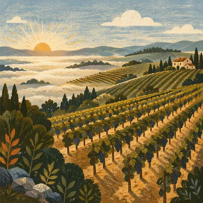 Morning Mist Over Evergreen Vineyard Rows